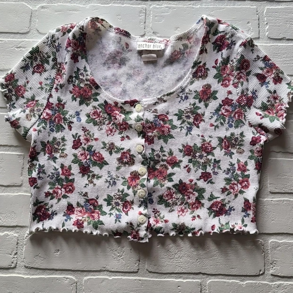 Anchor Blue L 90s Vintage 100% Cotton Floral button-up crop top. Made in the USA